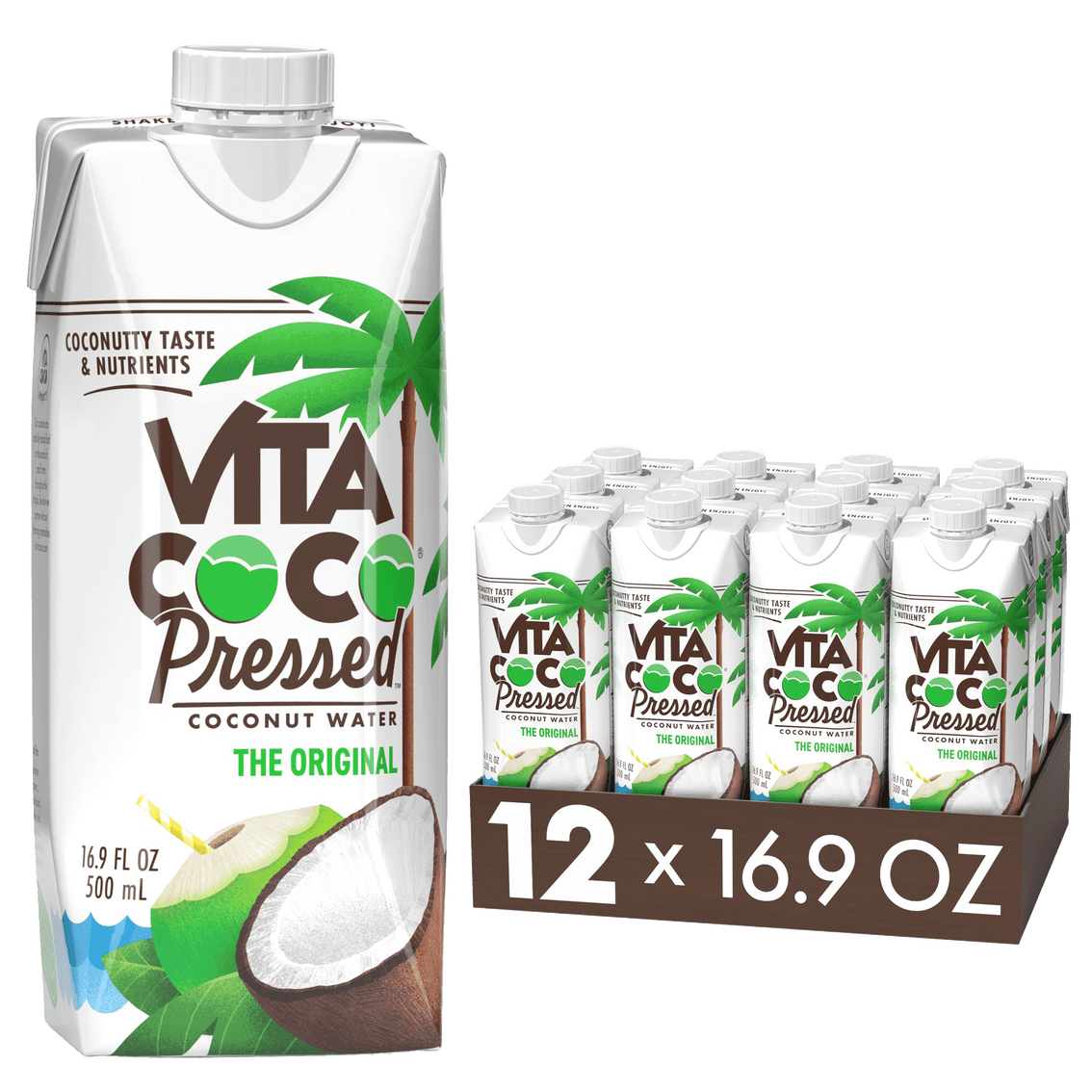 A carton of Vita Coco Pressed™, The Original (16.9oz) with rich coconut puree, placed next to a display box containing 12 similar cartons and offering free shipping.